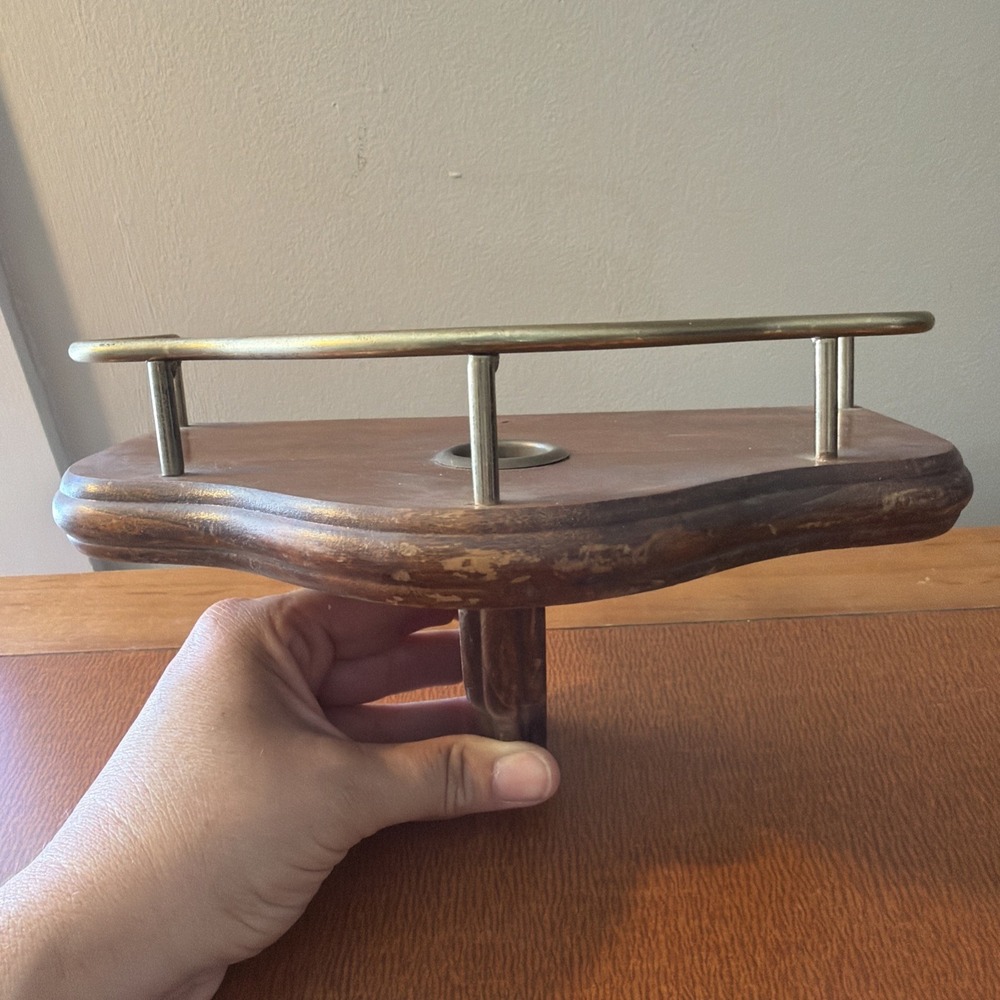 VTG Mid-Century Wood Candle Sconce Brass Gallery Rail Wall Shelf 8"
